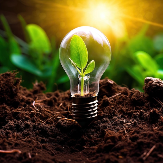 A light bulb with a green sprout in the soil The concept of energy conservation generative ai