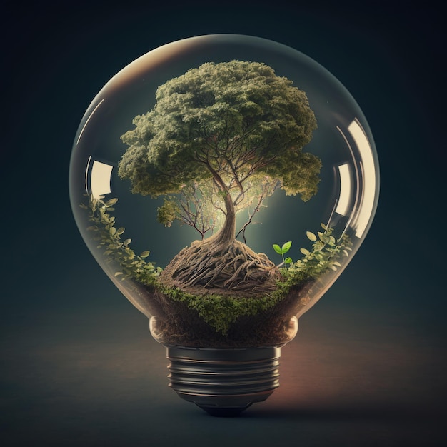 Light bulb with green tree Illustration AI Generative