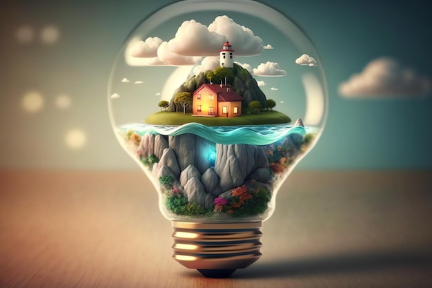 A light bulb with a house on the top and a lighthouse on the bottom.