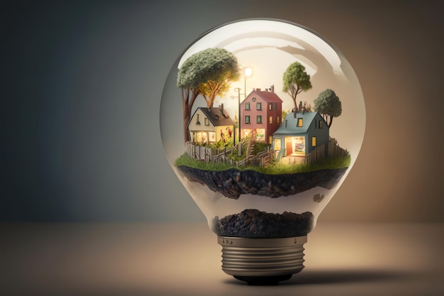 A light bulb with houses inside and a tree inside.