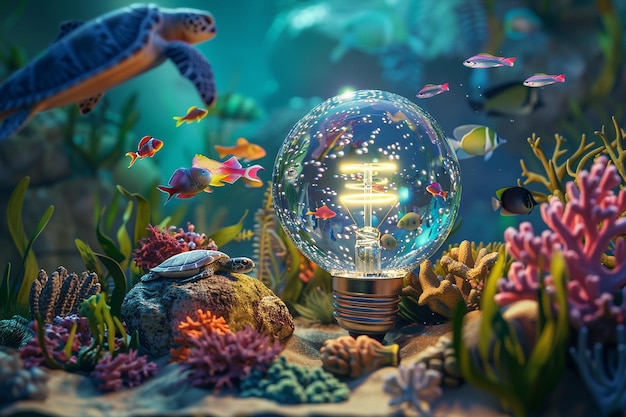 a light bulb with a light in it and a fish in the water