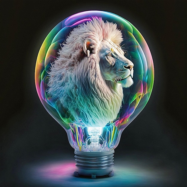 A light bulb with a lion head in it.