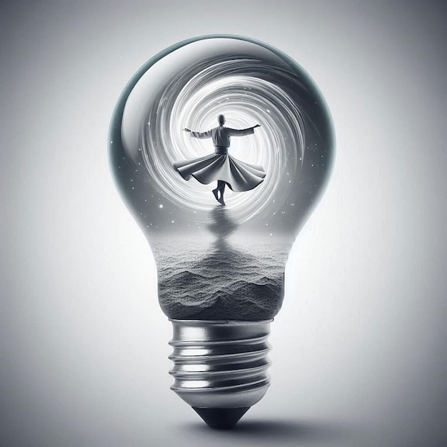 Photo a light bulb with a man standing on the top of it