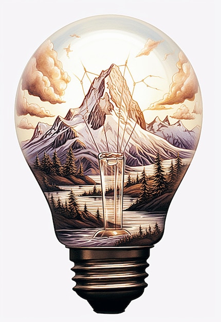 A light bulb with a mountain on it