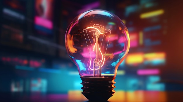 Light bulb with neon lights abstract glowing background digital illustration