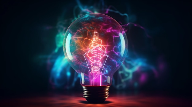 Light bulb with neon lights abstract glowing background digital illustration