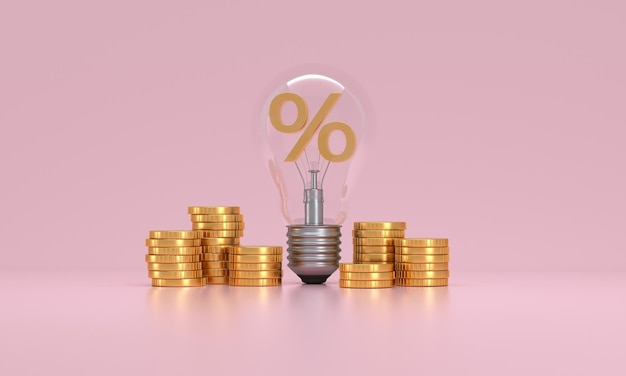 Light bulb with percent symbol isolated and Stacked Coin on pink background