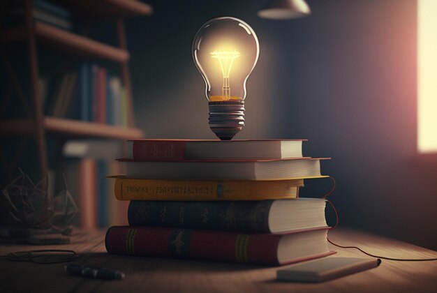 Light bulb with pile of conceptual books for inspiration innovation creativity through reading Ai generative