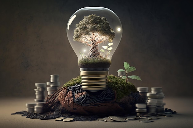 Light bulb with plant growing inside placed on pile of coins Generative AI