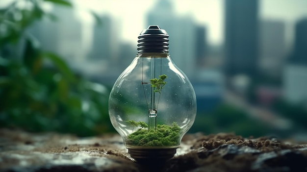 A light bulb with a plant growing out of it