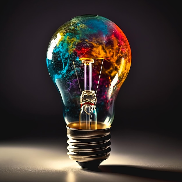 A light bulb with a rainbow colored lightbulb in the middle.