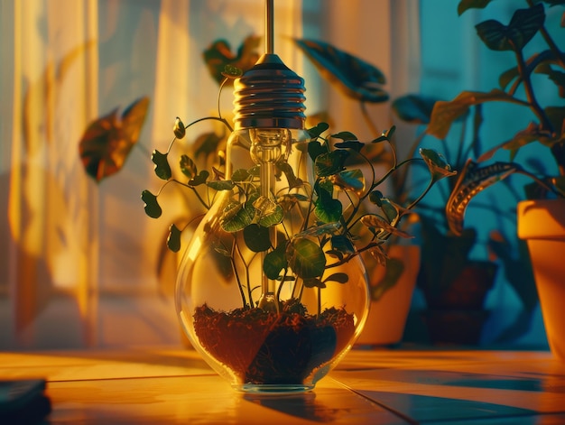 Photo a light bulb with the shape of an energy pill inside which there is soil and sprouting green leaves