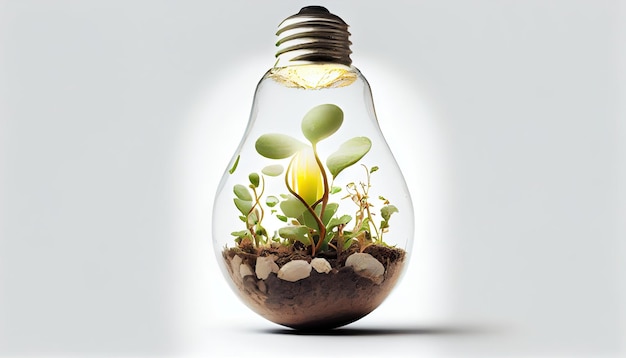 Light Bulb with sprout inside isolated in white background Small plant growing inside a lightbulb