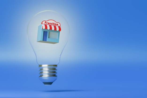 Light bulb with store inside. Franchise concept. 3d illustration.