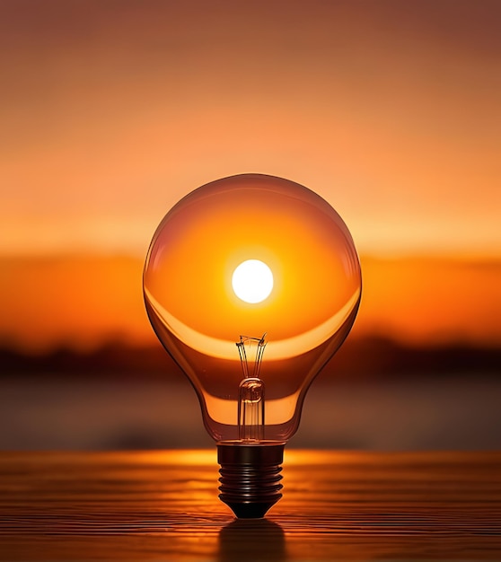 a light bulb with the sun setting behind it