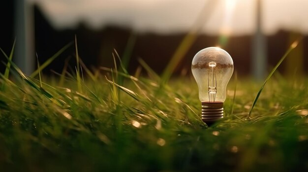 Light bulb with wind turbine and green grass Green energy AI generated