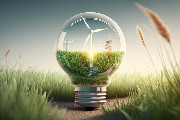 Light bulb with Wind turbine and green Grasses inside Green and Sustainable energy concept Generative ai