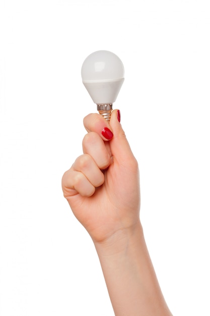 Light bulb in woman hand on white