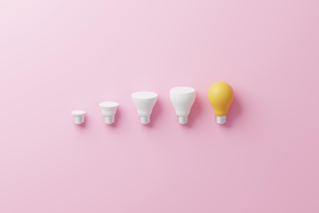 Light bulb yellow growthing outstanding among lightbulb white on pink background Concept of creative idea and innovation Unique Think different 3d rendering illustration