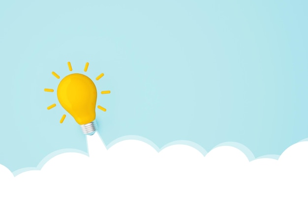 Light bulb yellow moving up on sky Concept of creative idea and innovation inspire 3d illustration