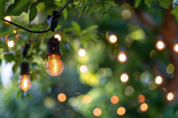 Photo light bulbs hanging from a tree