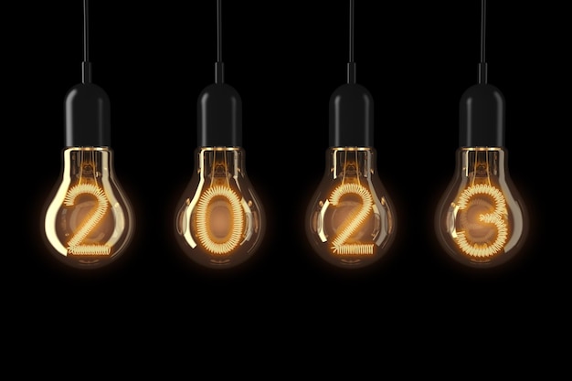 Light Bulbs Illuminated 2023 New Year 3d Rendering