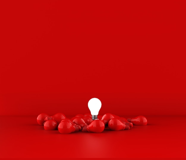 Light bulbs on red background. Idea concept. 3D Illustration.