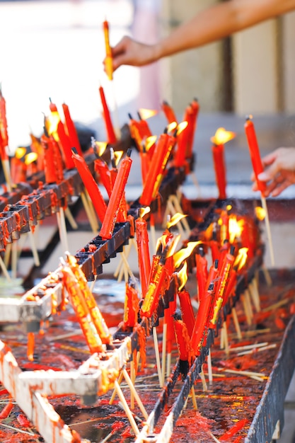 The light of candle and incense on the table food for spirits in Chinese Ghost Festival