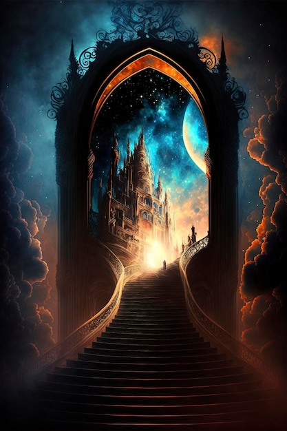 light castle in heaven, universe inside, stairs