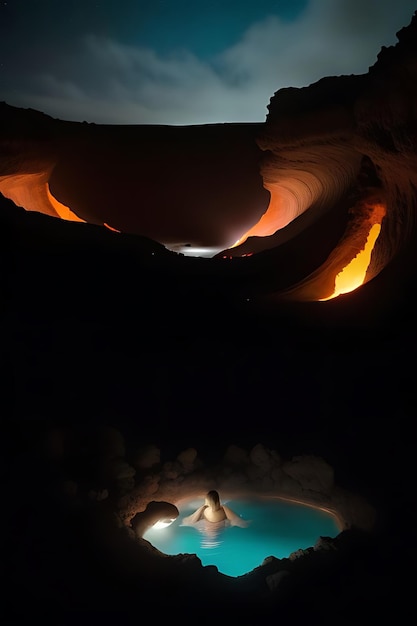 Photo a light in a cave is reflected in a pool of water