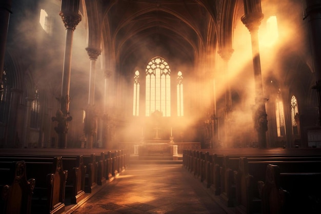 the light of the church is coming through the window