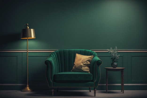 Light colored room with a couch and chair against an empty dark green wall