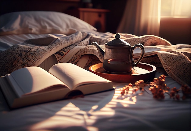 Light cozy bedroom Coffee or tea cup and an open book on the bed AI Generated