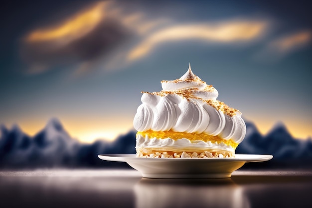 Light crispy meringue cake on white plate on blurry background