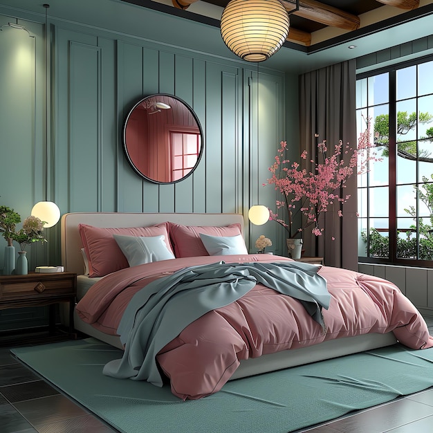 light emerald and pink bedroom for video call