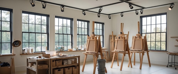 Photo light filled artist studio with easels storage and a creative atmosphere