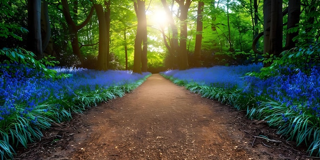 Light filtering through trees illuminates a dirt path lined with bluebells Concept Nature Light Trees Path Bluebells