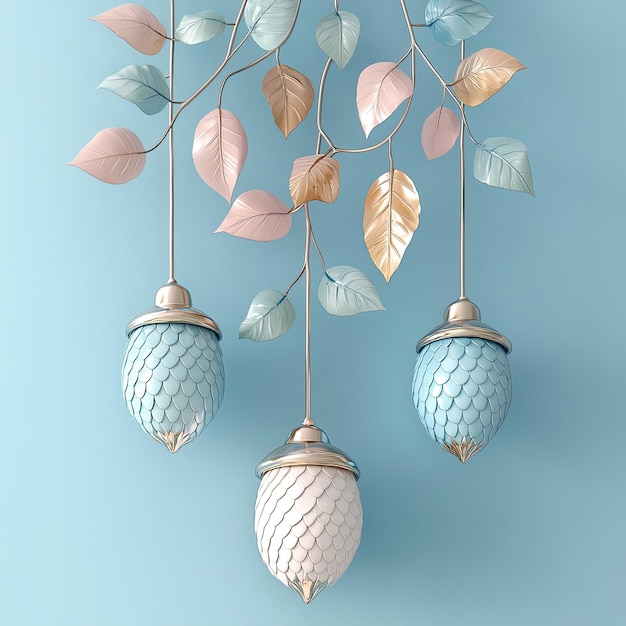 a light fixture with leaves on it and a blue background