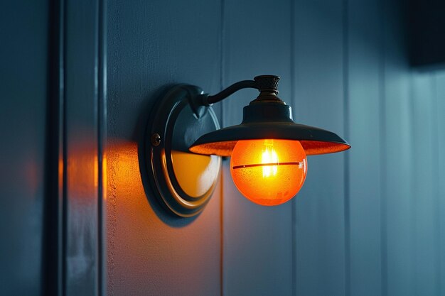 A light fixture with an orange light on the wall