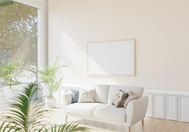 The light from the outside hit theframe on wall of the room and the sofa located inside give a warm atmosphere3d rendering