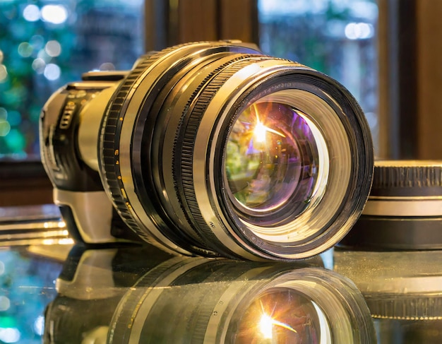 Photo light on the glass of camera lenses reflection