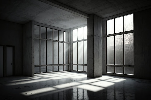 Light glowing room with high windows in modern architecture of concrete industrial