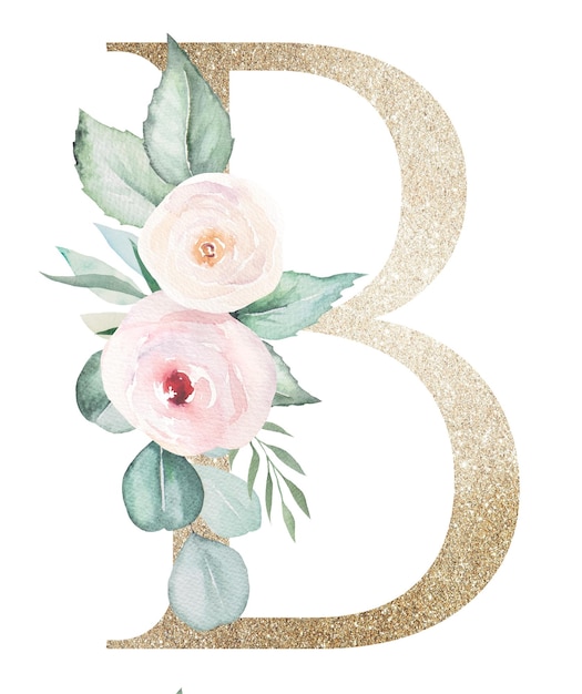 Light golden Letter B with watercolor roses and leaves Pastel floral alphabet