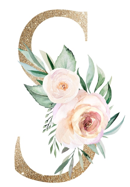 Light golden Letter S with watercolor roses and leaves Pastel floral alphabet