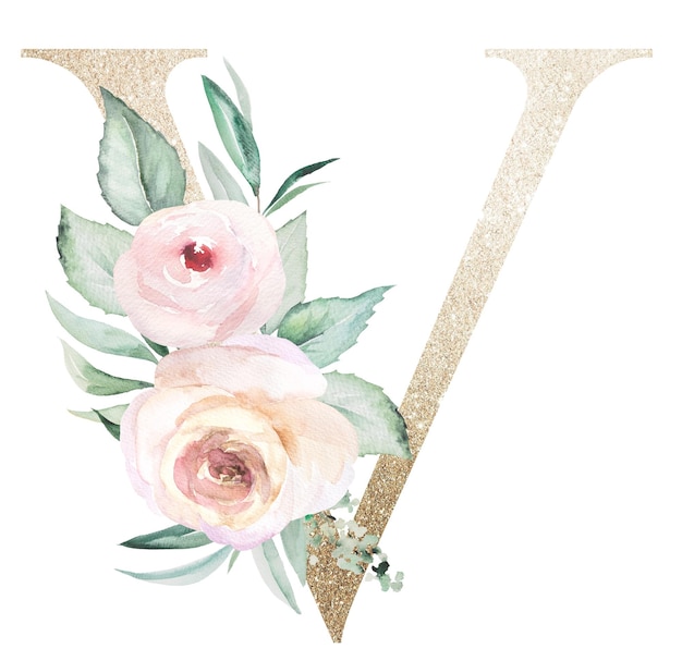 Light golden Letter V with watercolor roses and leaves Pastel floral alphabet