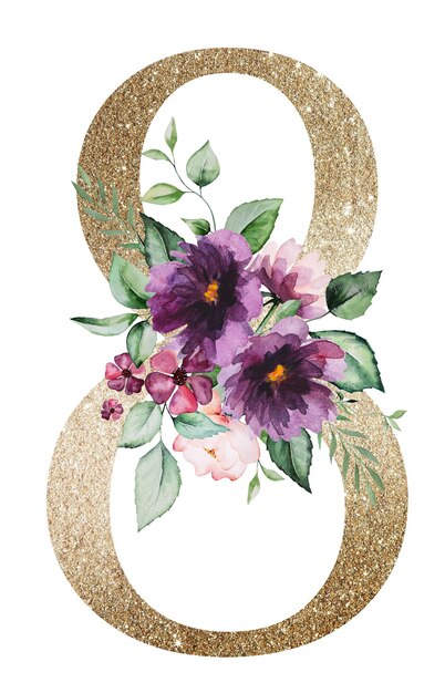 Light golden number 8 with watercolor purple roses and green leaves bouquets Floral alphabet