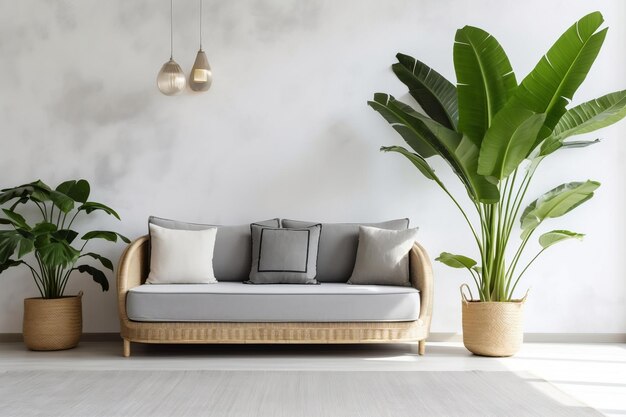 Light Gray Sofa with Tropical Elements 3D Interior Mockup Ai generative