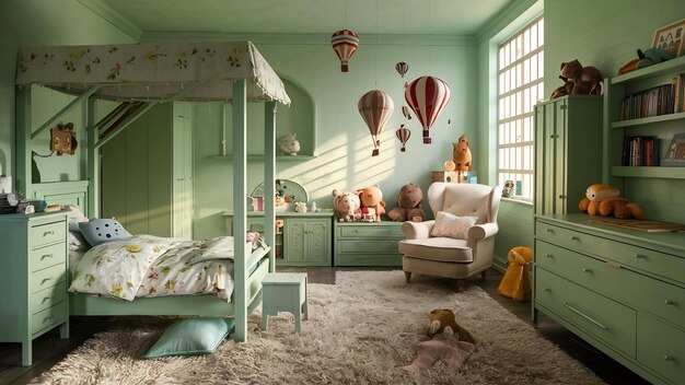 Light green child bedroom interior