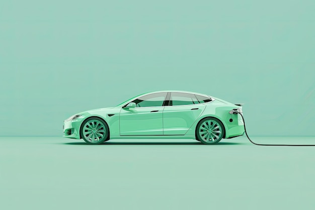 Photo a light green electric car is charging on a light green background