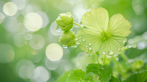 A light green geranium with two buds on the branch three tender green leaves crystal clear Photo